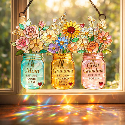 Personalized Mom Grandma Great Grandma Suncatcher, Custom Kids Names Mason Jar Window Hanging