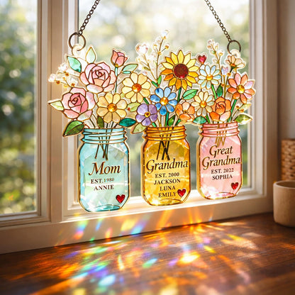 Personalized Mom Grandma Great Grandma Suncatcher, Custom Kids Names Mason Jar Window Hanging