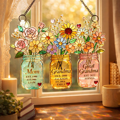 Personalized Mom Grandma Great Grandma Suncatcher, Custom Kids Names Mason Jar Window Hanging
