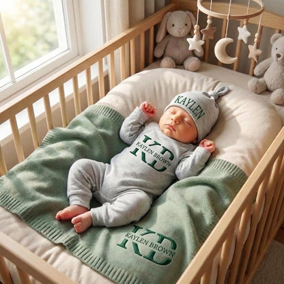 Personalized Organic Cotton Baby Name Outfit Set with Knit Blanket, Newborn Romper & Hat