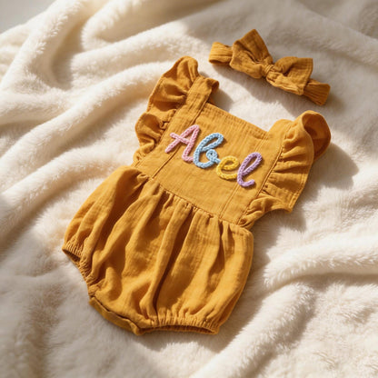Personalized Linen Baby Romper, Embroidered Name Bubble Romper