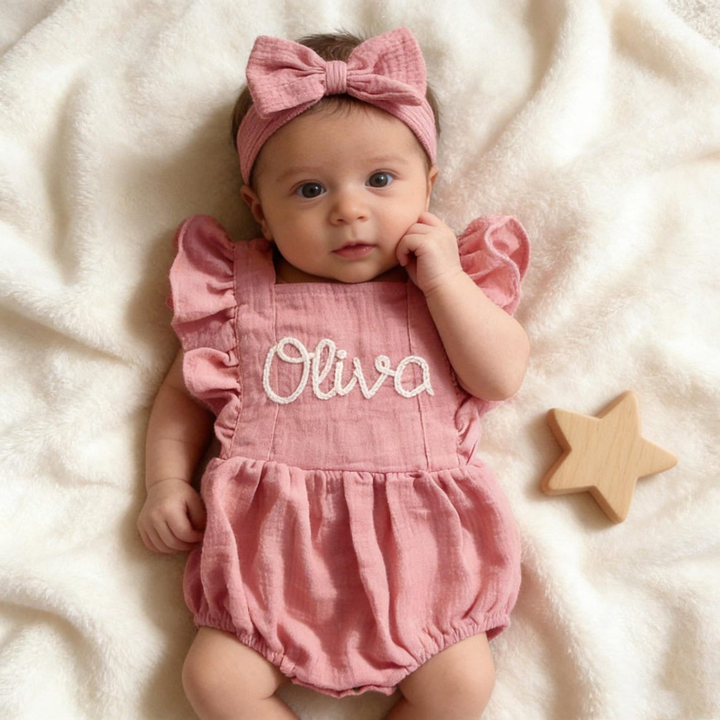 Personalized Linen Baby Romper, Embroidered Name Bubble Romper