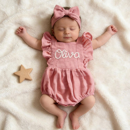 Personalized Linen Baby Romper, Embroidered Name Bubble Romper