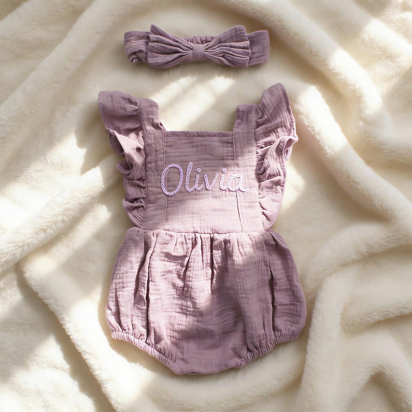 Personalized Linen Baby Romper, Embroidered Name Bubble Romper