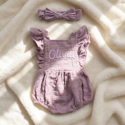 Personalized Linen Baby Romper, Embroidered Name Bubble Romper