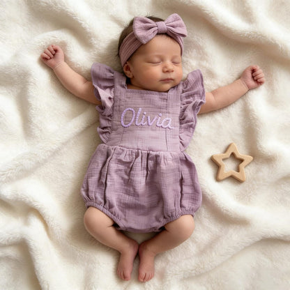Personalized Linen Baby Romper, Embroidered Name Bubble Romper