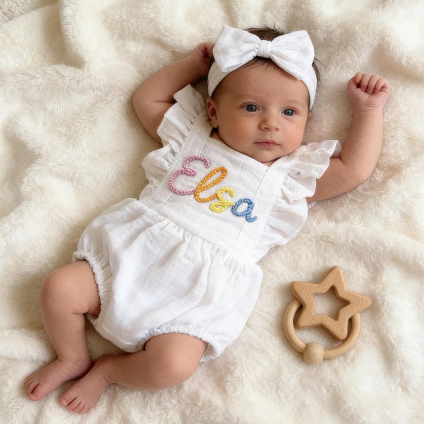Personalized Linen Baby Romper, Embroidered Name Bubble Romper