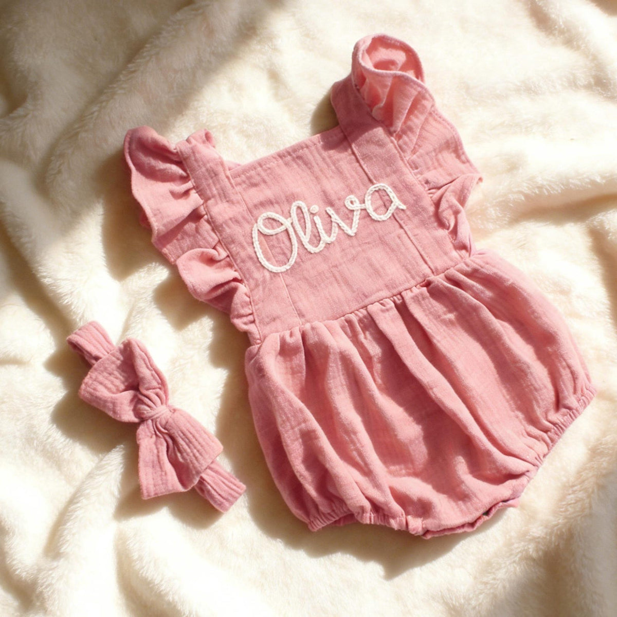 Personalized Linen Baby Romper, Embroidered Name Bubble Romper