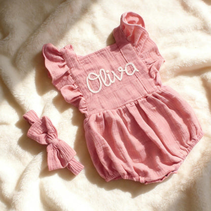 Personalized Linen Baby Romper, Embroidered Name Bubble Romper