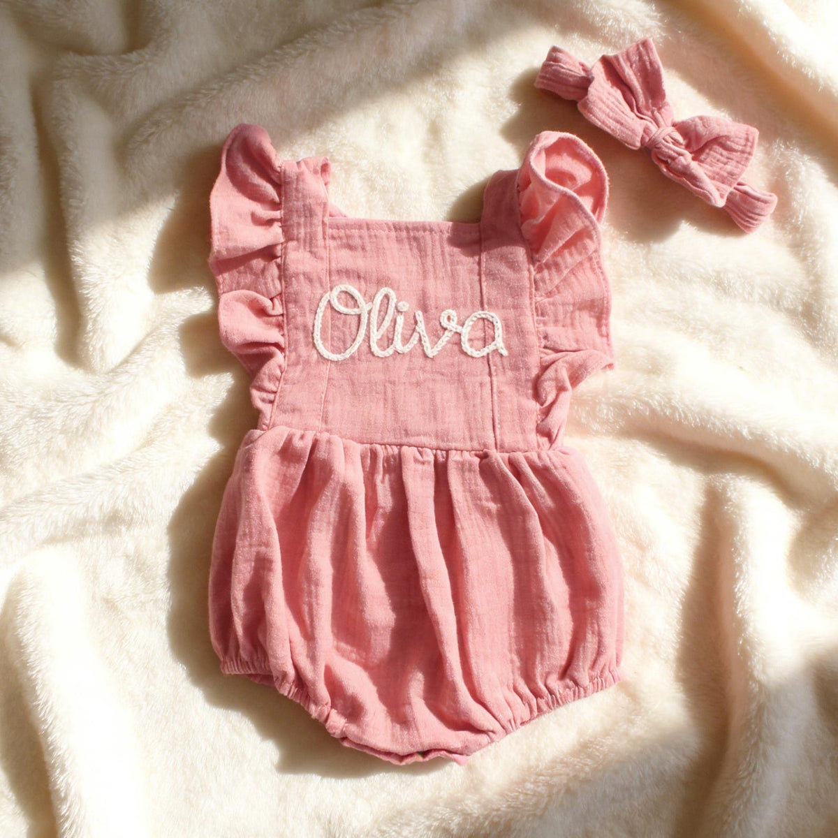 Personalized Linen Baby Romper, Embroidered Name Bubble Romper