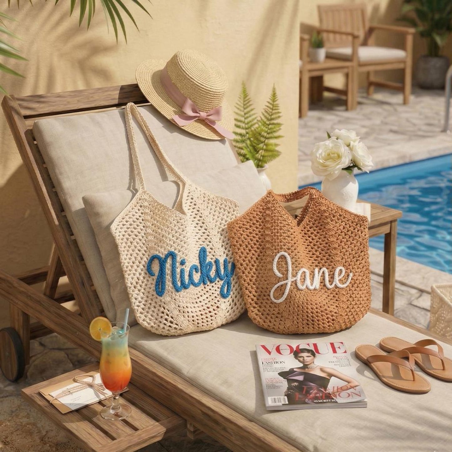 Personalized beach tote bag, Crochet beach bags, Bridesmaid Beach Tote