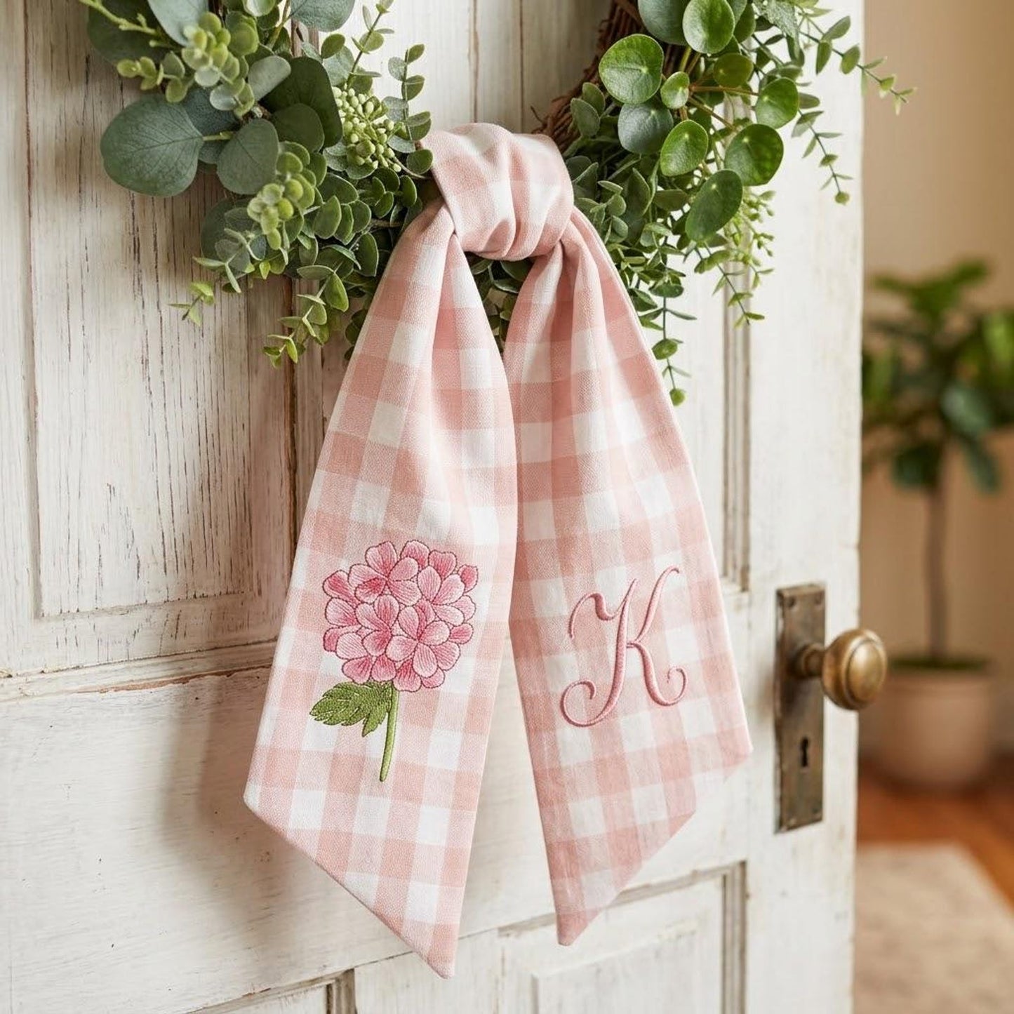 Hydrangea Wreath Sash Bow, Personalized Initials Home Decor