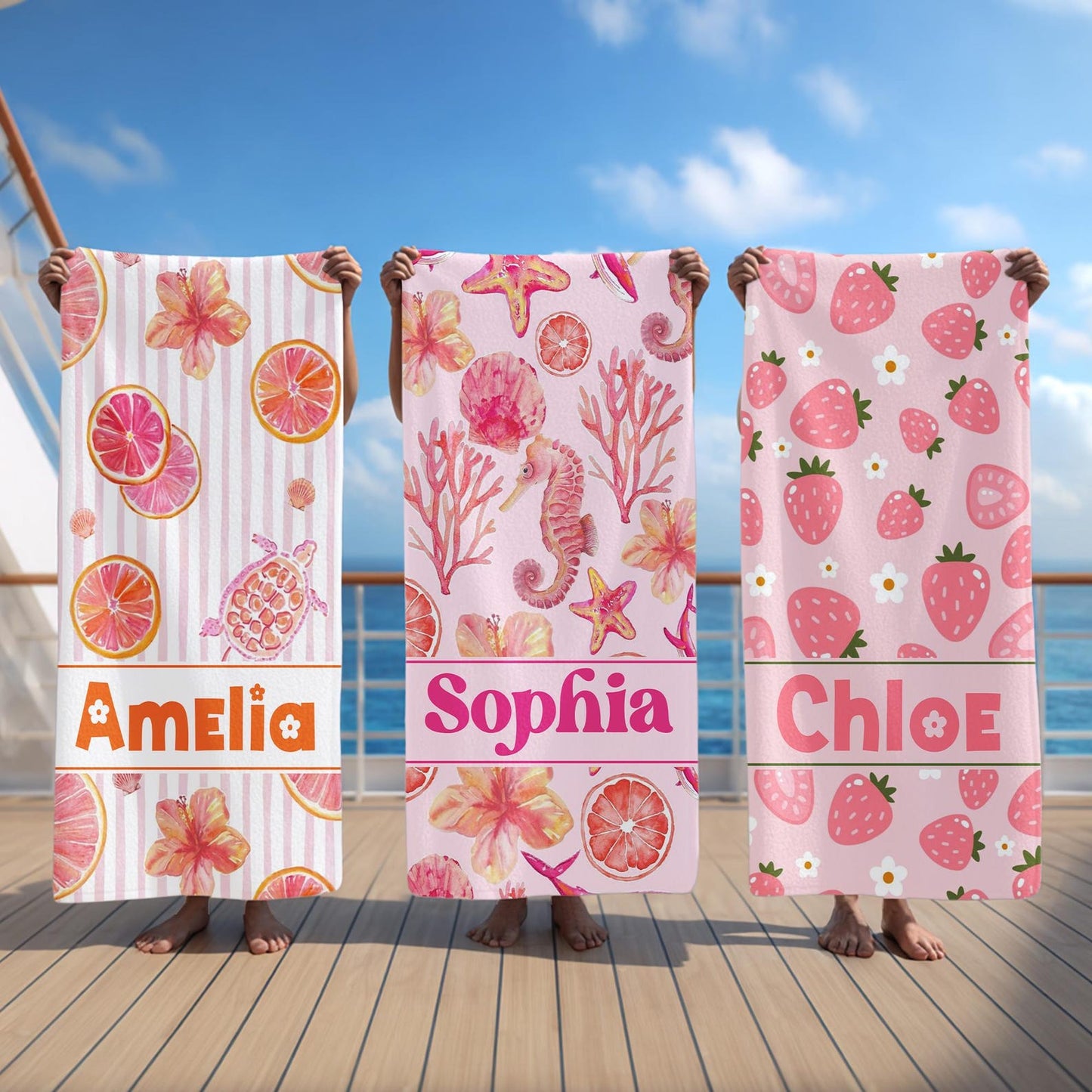 Personalized Pink Summer Seamless Pattern Beach Towel, Custom Name Girly Tropical Towels