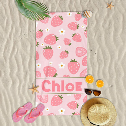 Personalized Pink Summer Seamless Pattern Beach Towel, Custom Name Girly Tropical Towels