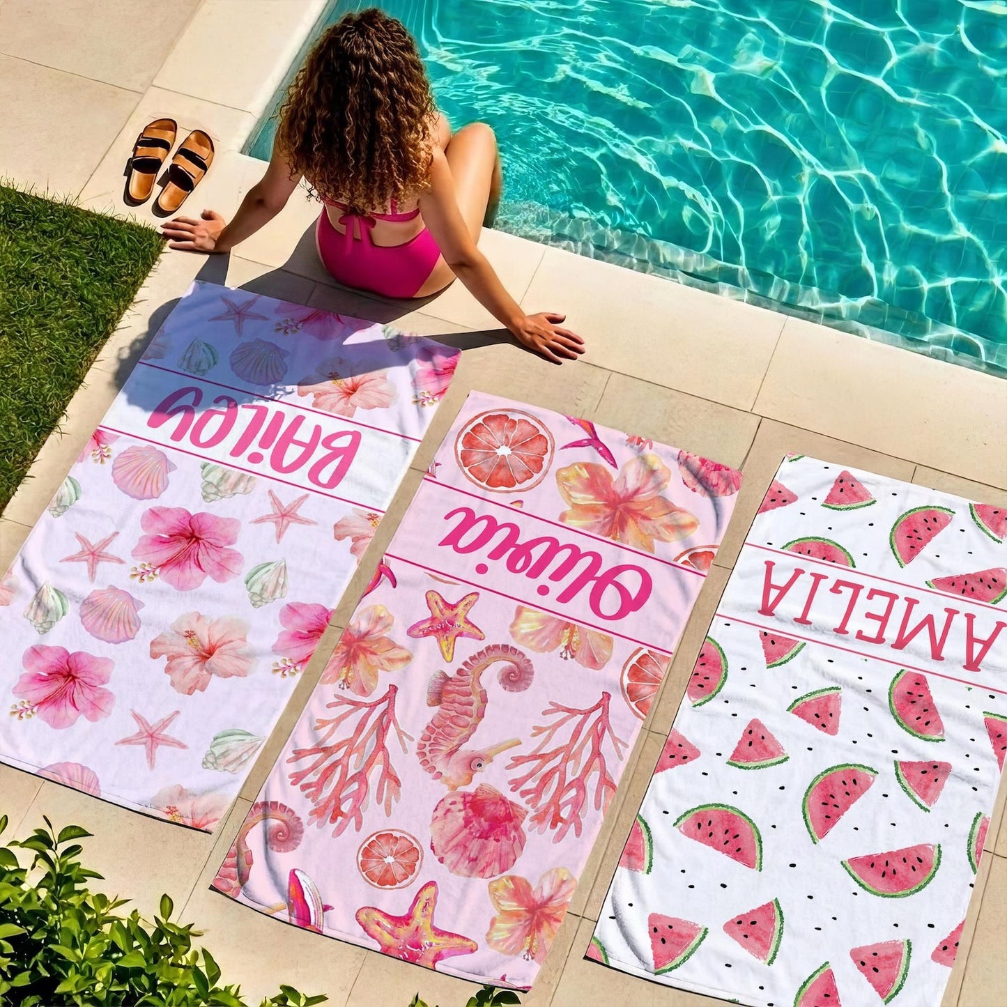 Personalized Pink Summer Seamless Pattern Beach Towel, Custom Name Girly Tropical Towels