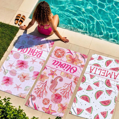Personalized Pink Summer Seamless Pattern Beach Towel, Custom Name Girly Tropical Towels