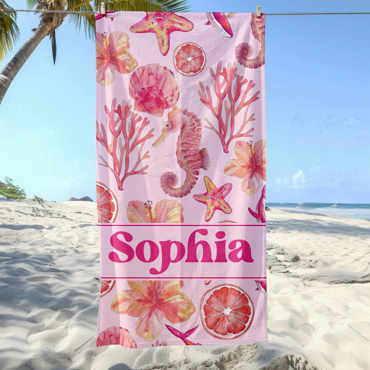 Personalized Pink Summer Seamless Pattern Beach Towel, Custom Name Girly Tropical Towels