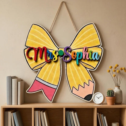Personalised Teacher Coquette Bow Sign, Teacher Sign, Teacher Name Sign