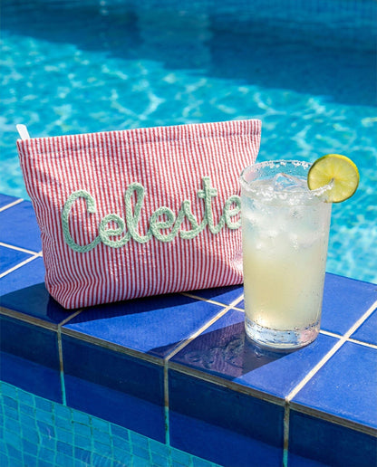 Custom Seersucker Makeup Bag Vacation Travel Pouch Personalized Chenille Name Toiletry Bag