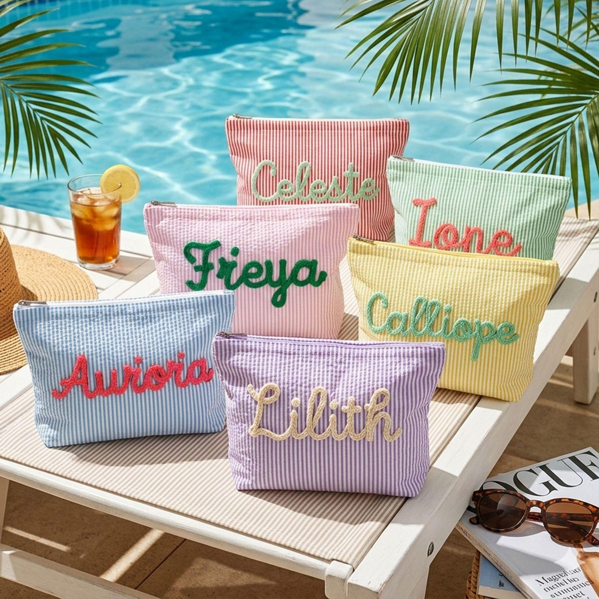 Custom Seersucker Makeup Bag Vacation Travel Pouch Personalized Chenille Name Toiletry Bag