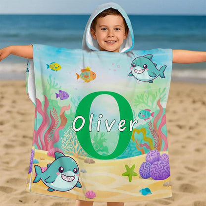 Personalized Kids Hooded Beach Towel, Custom Name Toddler Poncho Towel