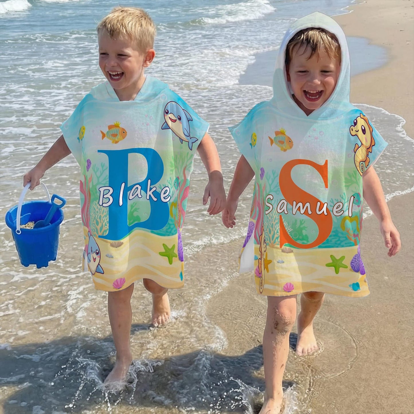 Personalized Kids Hooded Beach Towel, Custom Name Toddler Poncho Towel