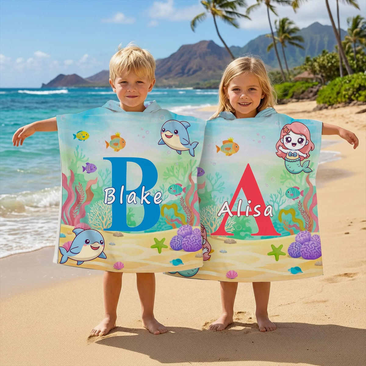 Personalized Kids Hooded Beach Towel, Custom Name Toddler Poncho Towel