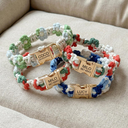 Custom Pet Collar with Name Tag – Braided Cotton Dog Collar