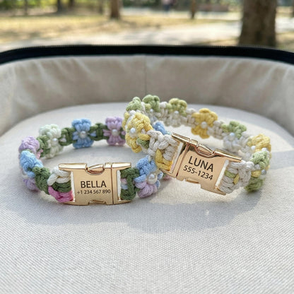 Custom Pet Collar with Name Tag – Braided Cotton Dog Collar