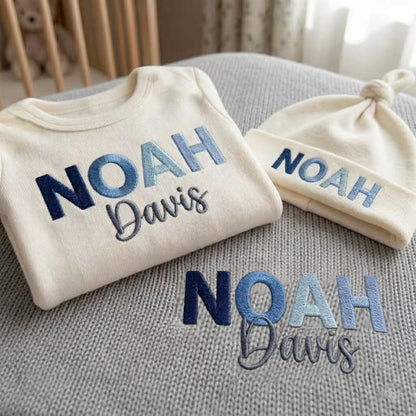 Rainbow Gradient Personalized Baby Romper Set, Custom Name Embroidered Organic Cotton Newborn Outfit