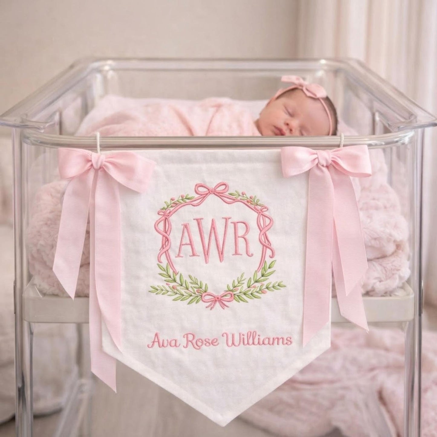 Custom Baby Banner Floral Princess Crest Welcome Banner, Hospital Door or Crib with Fabric Bows and Birth Stats Card