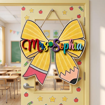 Personalised Teacher Coquette Bow Sign, Teacher Sign, Teacher Name Sign