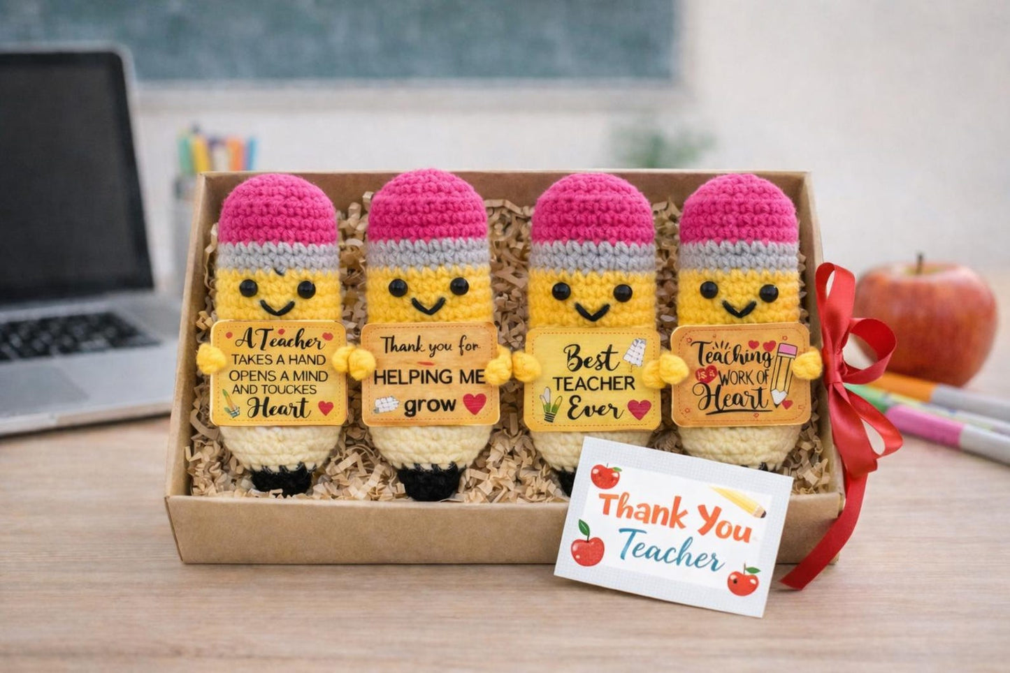 Teacher Gift Set, Crochet Pencil Set of 3, Teacher Appreciation Gift