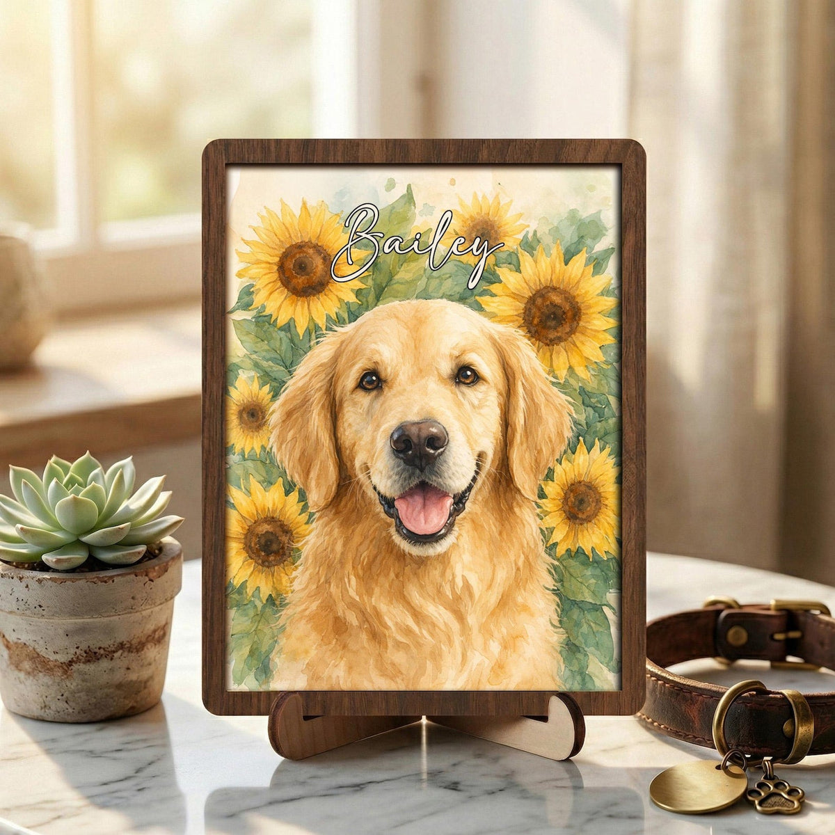 Personalized Pet Memorial Frame With Collar Holder, 3D Memorial Pet Floral Collar Holder Sign