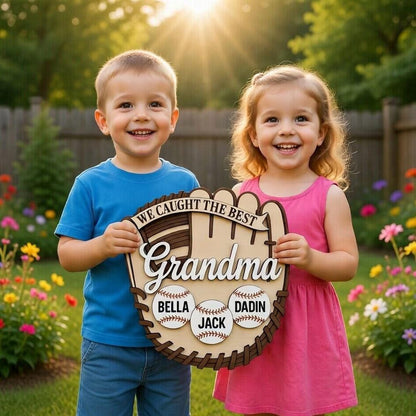 Personalized Baseball Mom Sign: Custom Kids Names Softball Glove Plaque