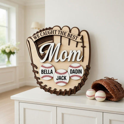 Personalized Baseball Mom Sign: Custom Kids Names Softball Glove Plaque