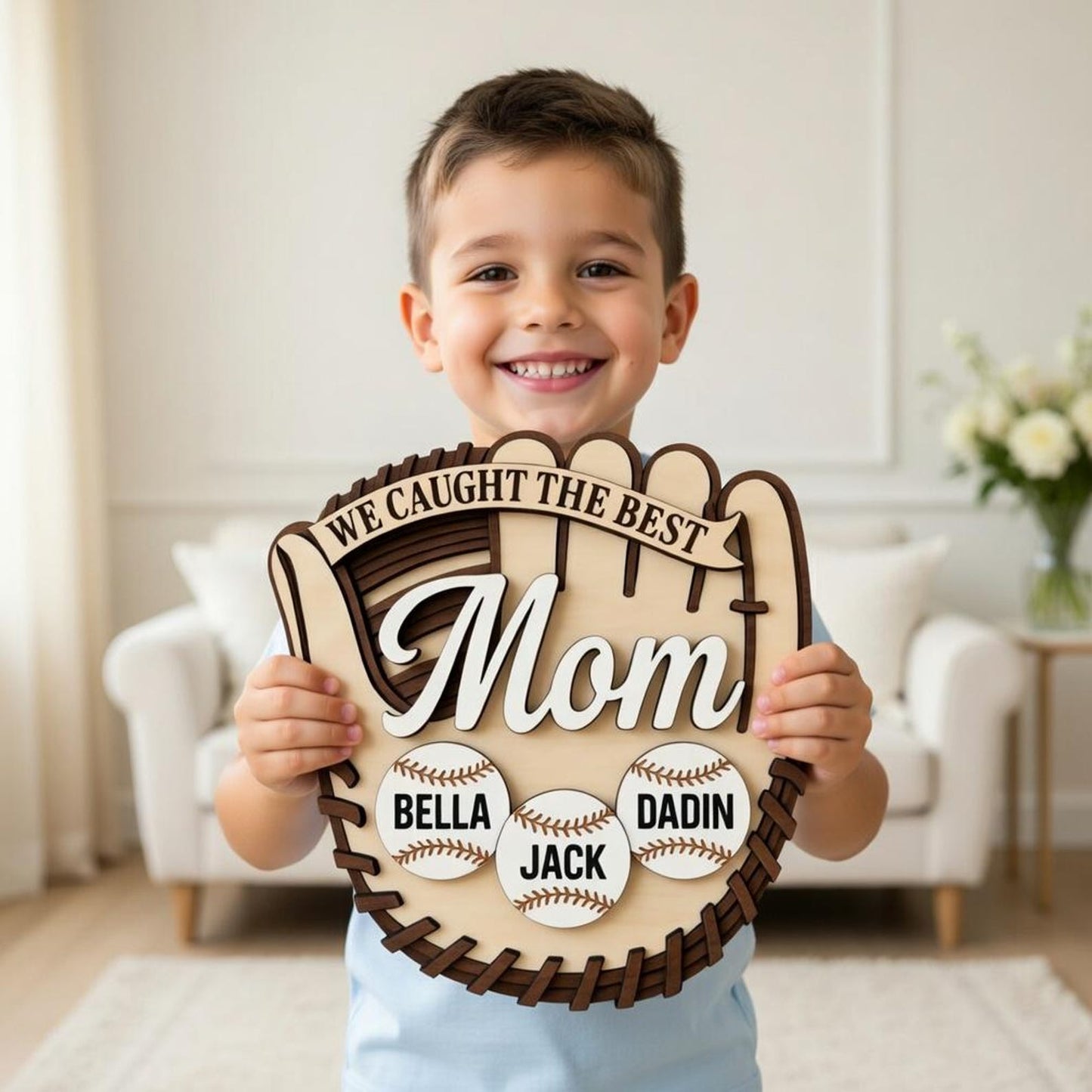 Personalized Baseball Mom Sign: Custom Kids Names Softball Glove Plaque
