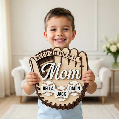 Personalized Baseball Mom Sign: Custom Kids Names Softball Glove Plaque