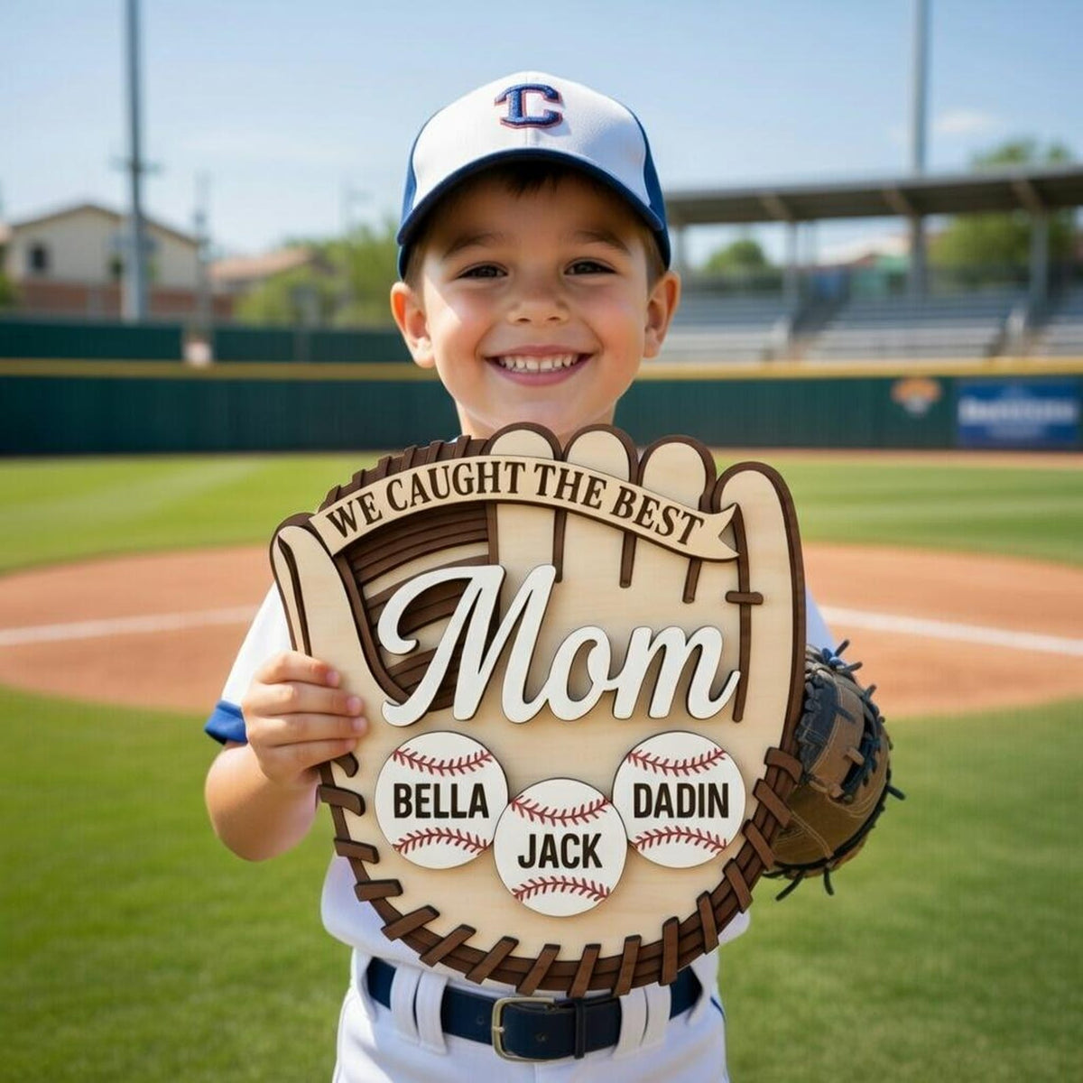 Personalized Baseball Mom Sign: Custom Kids Names Softball Glove Plaque