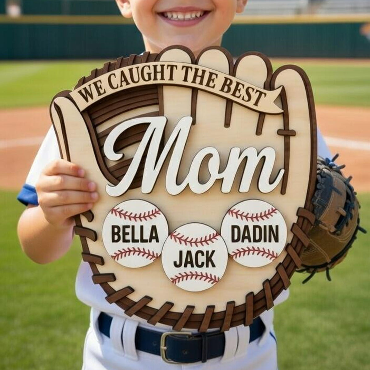 Personalized Baseball Mom Sign: Custom Kids Names Softball Glove Plaque