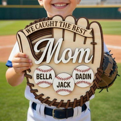 Personalized Baseball Mom Sign: Custom Kids Names Softball Glove Plaque