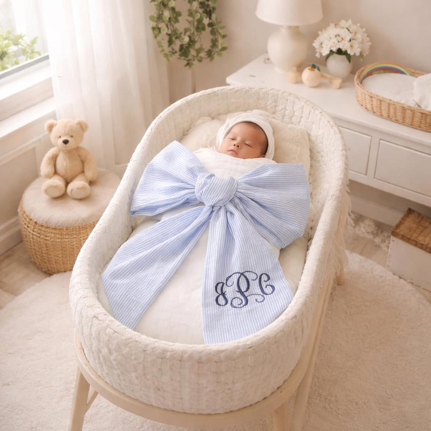 Personalized Embroidered Newborn Bow Sash, Bow Swaddle Girl
