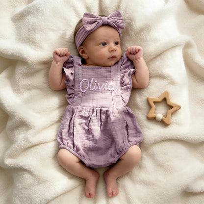 Personalized Linen Baby Romper, Embroidered Name Bubble Romper