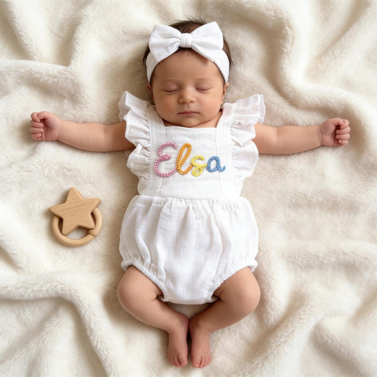 Personalized Linen Baby Romper, Embroidered Name Bubble Romper