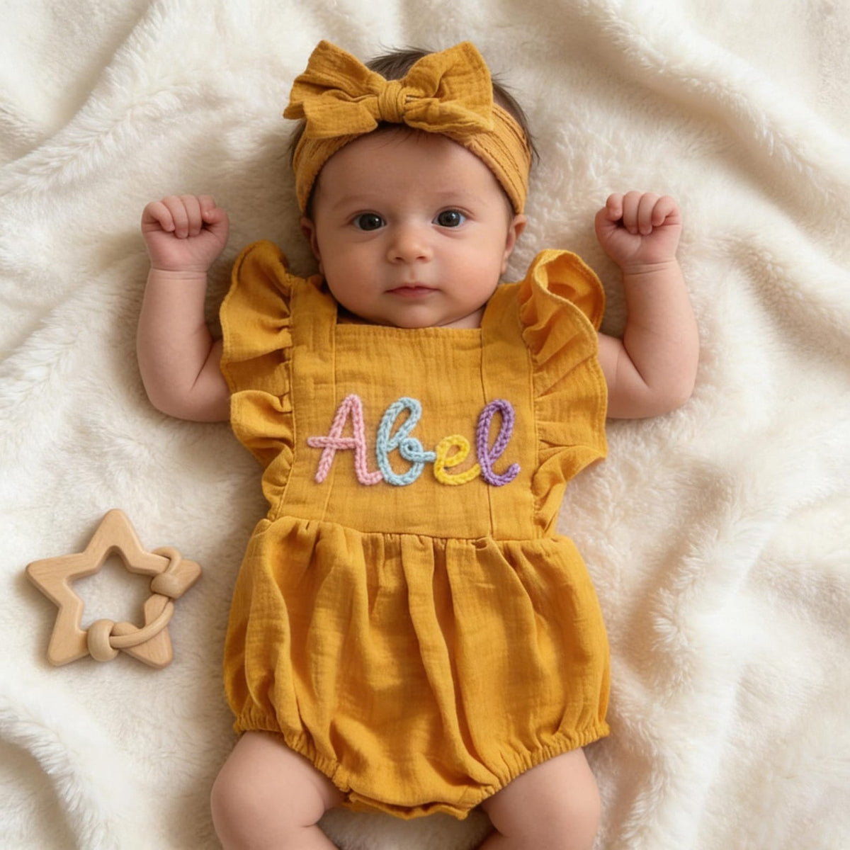 Personalized Linen Baby Romper, Embroidered Name Bubble Romper