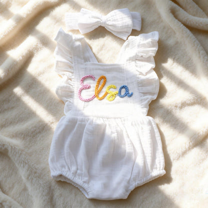 Personalized Linen Baby Romper, Embroidered Name Bubble Romper