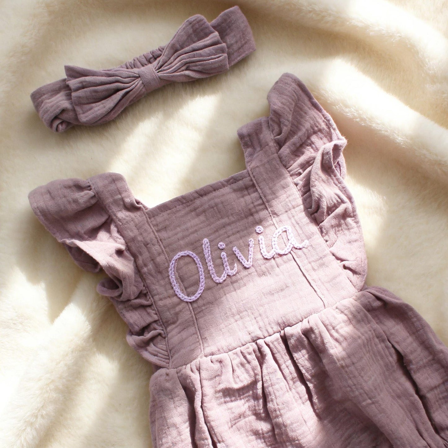 Personalized Linen Baby Romper, Embroidered Name Bubble Romper
