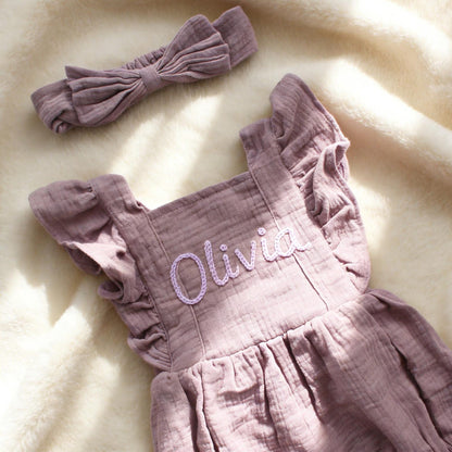 Personalized Linen Baby Romper, Embroidered Name Bubble Romper