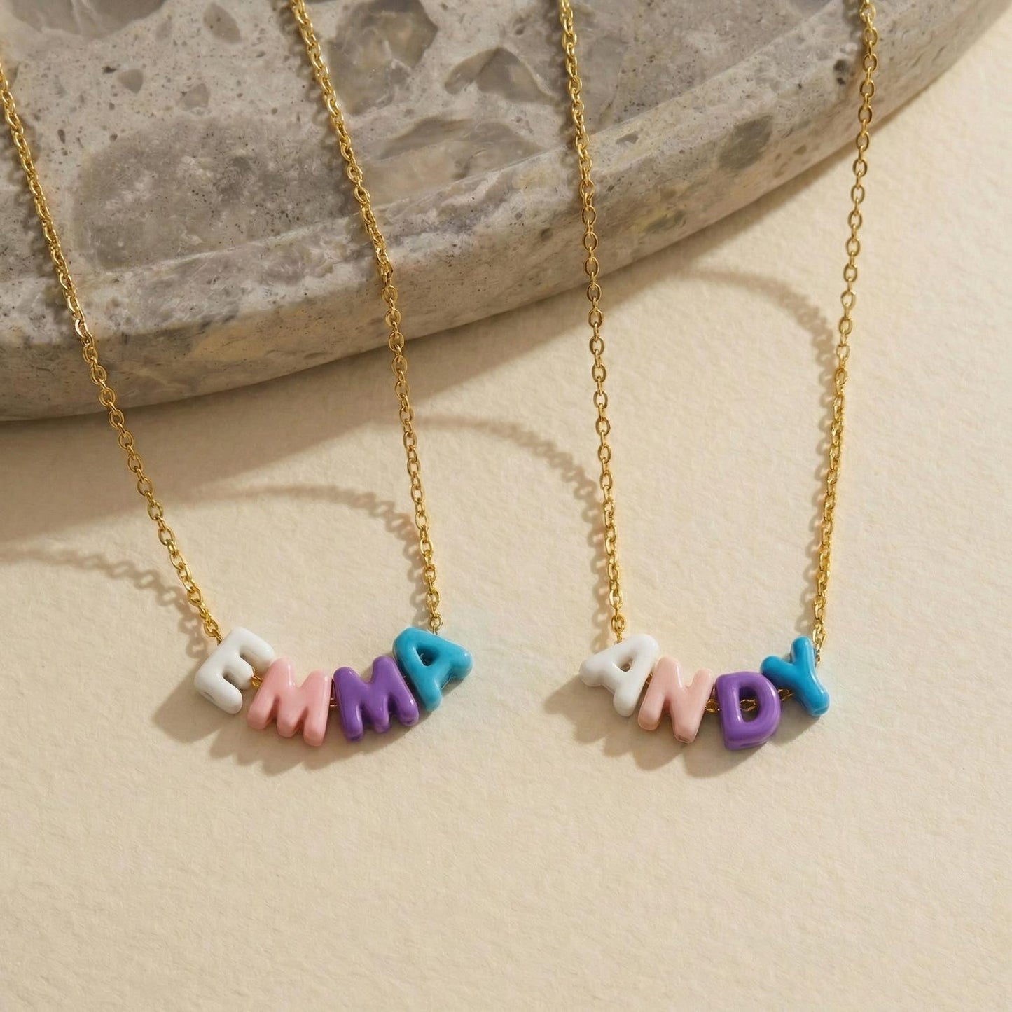 Custom Rainbow Bubble Initial Name Necklace, Colorful Tiny Balloon Name Necklace