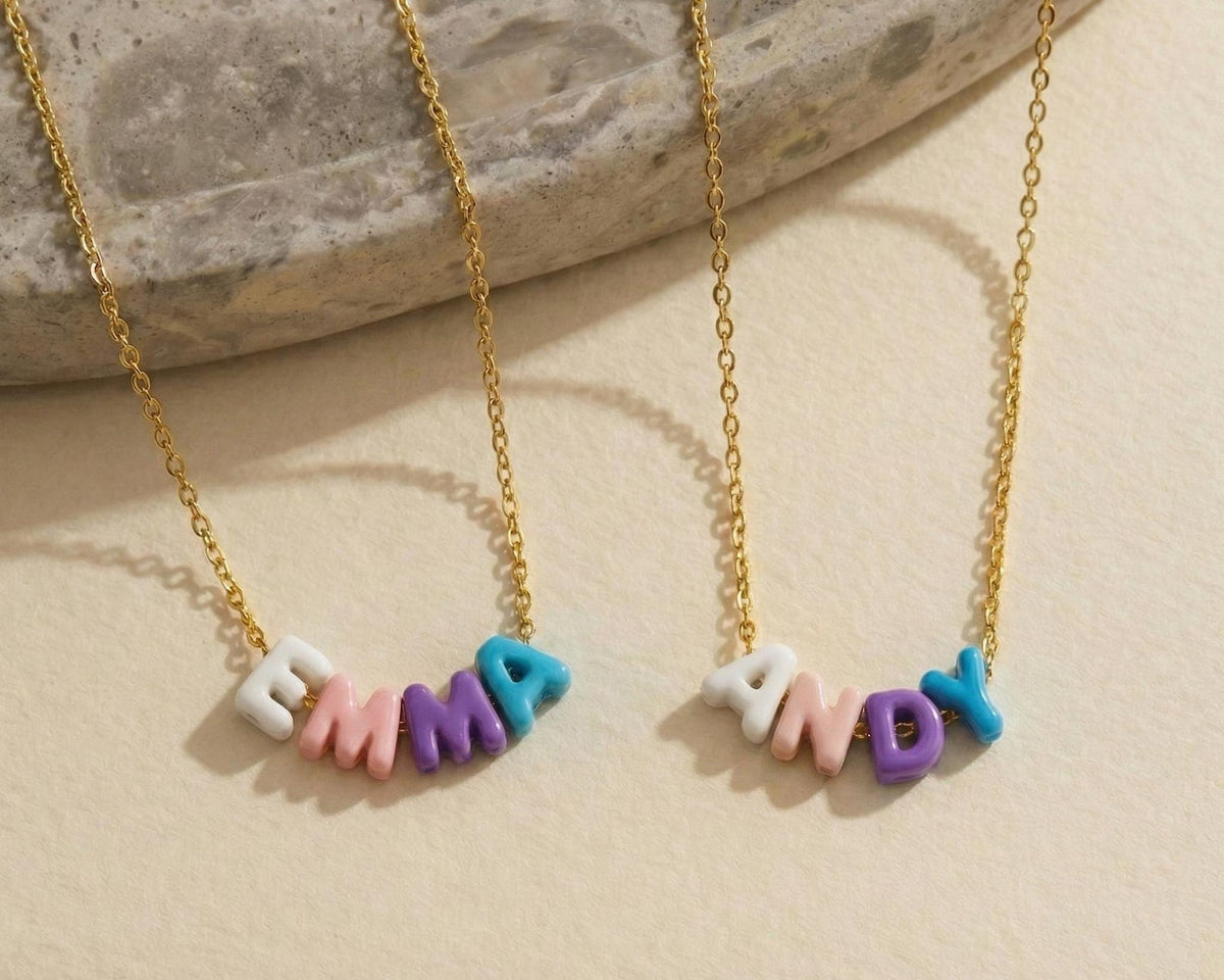 Custom Rainbow Bubble Initial Name Necklace, Colorful Tiny Balloon Name Necklace